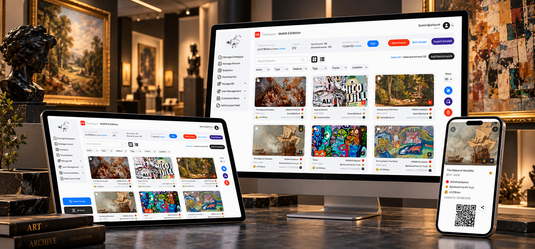 Art catalogue app on desktop, tablet and phone.