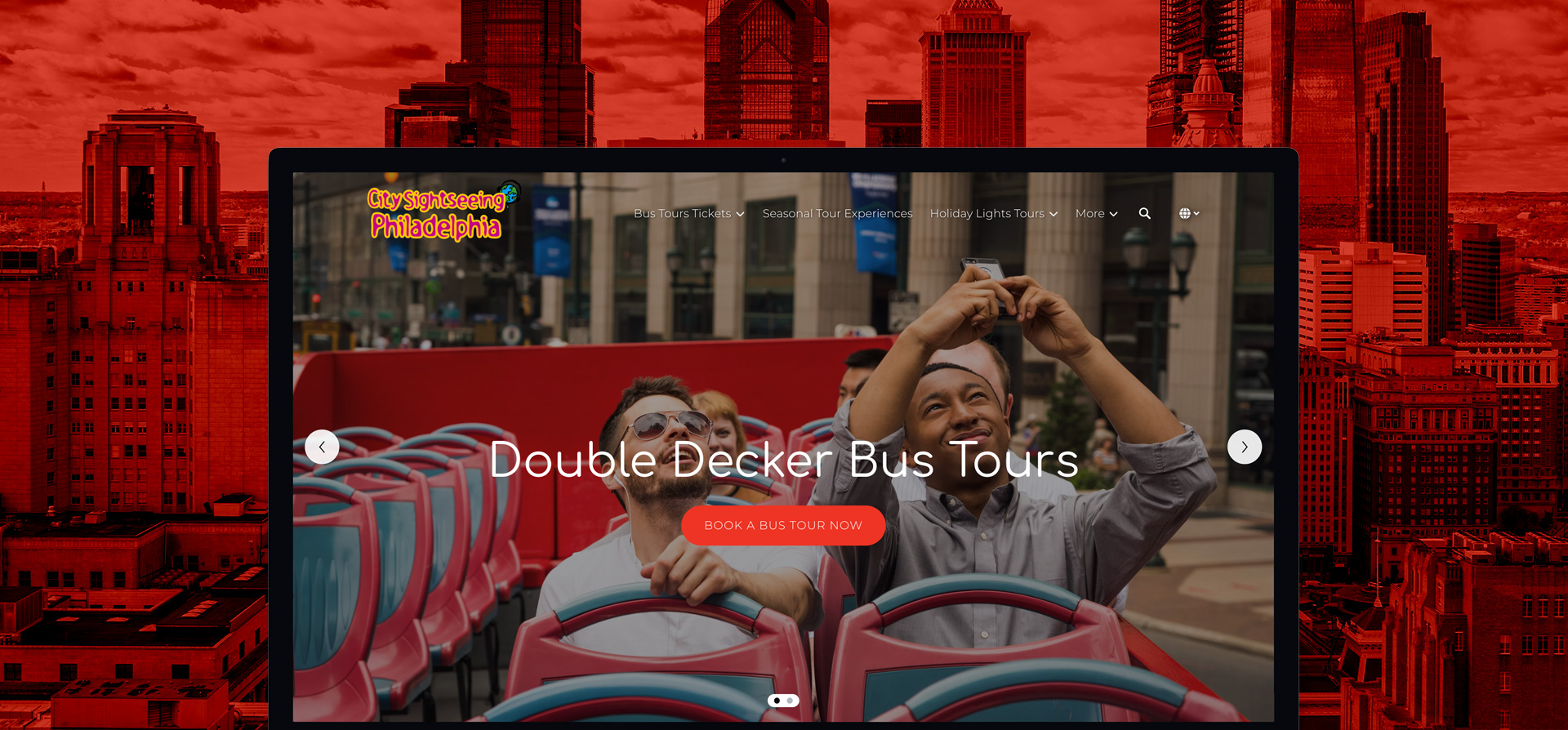 Tourists on a red double decker bus in Philadelphia.
