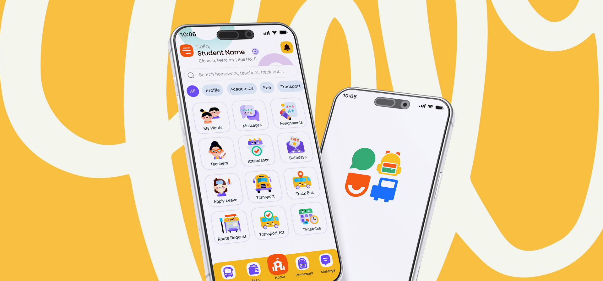 Shiksha school ERP mobile app screens on yellow background